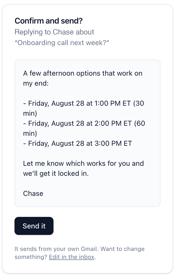 The one-tap approval card on a phone with a Send it button